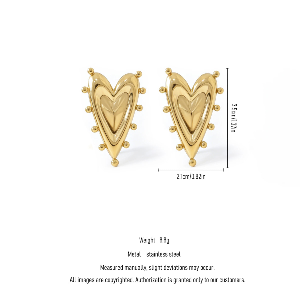 QIAOREN11789 Waterproof Stainless Steel Heart Stud Earrings 18K Gold Plated Studded Border Love Heart Jewelry US EU Gift