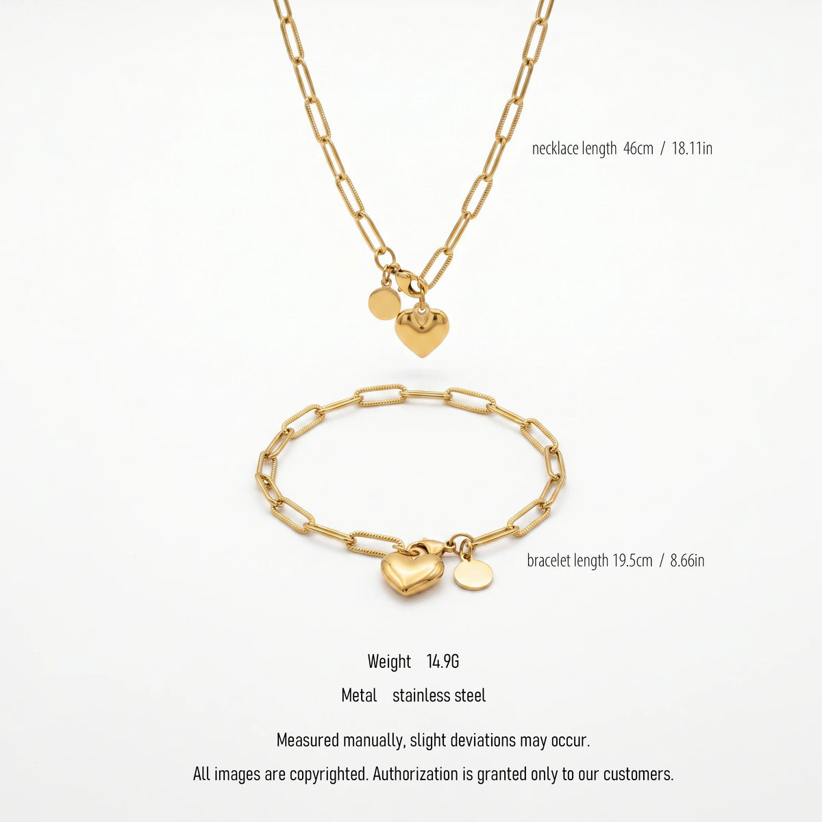 QIAOREN 10641 Stainless Steel Trendy Geometric Heart Charm Jewelry Set 18K Gold Plated Paperclip Necklace Bracelet for Women