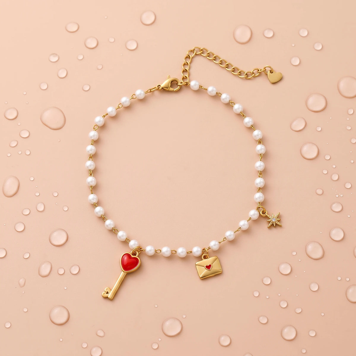 QIAOREN 13331 Romantic Pearl Anklet with Heart Key, Love Envelope & Rhinestone Star Charms, Sweet Love Foot Jewelry Gift