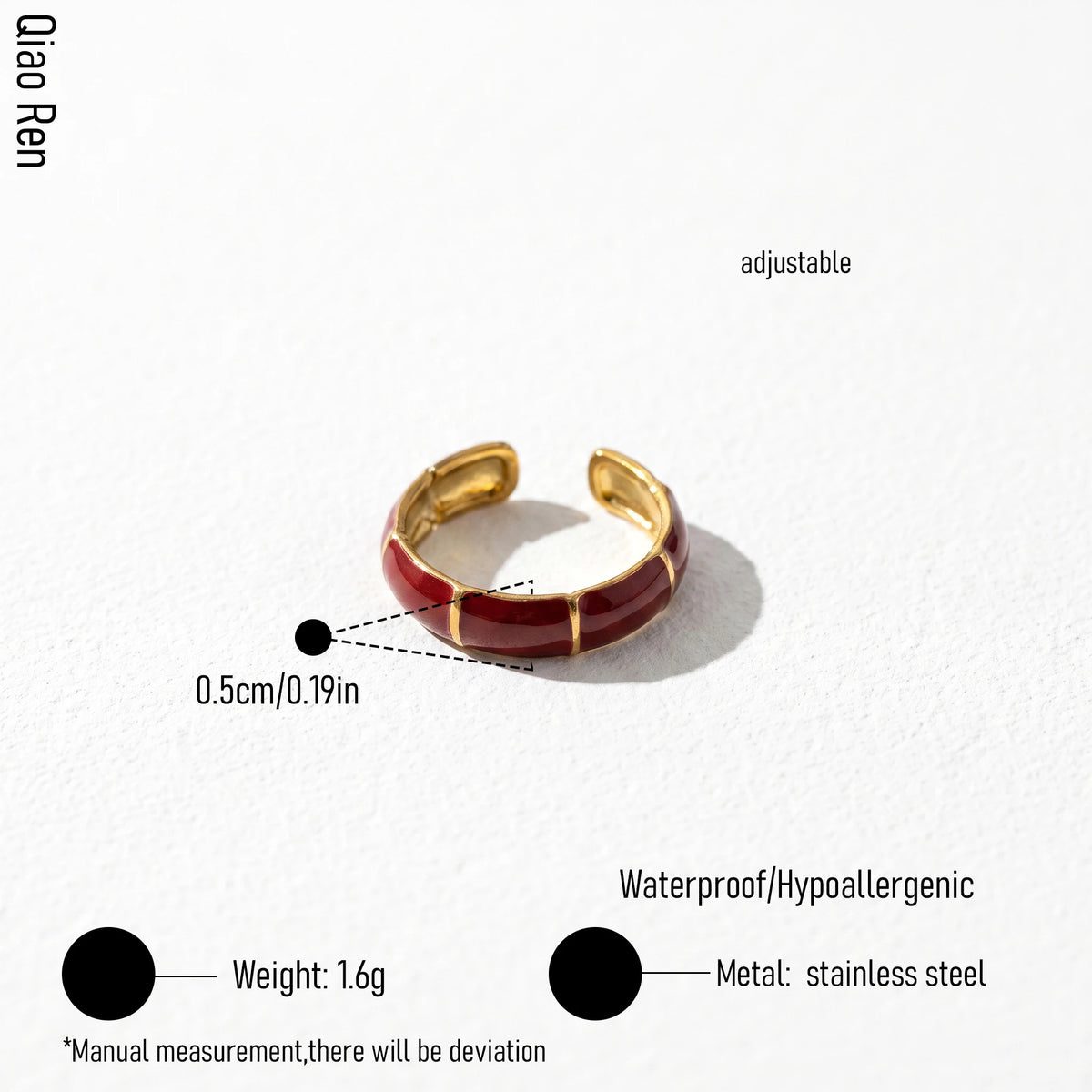 QIAOREN 14221-25 Red Enamel Irregular Wave Open Ring Set, Abstract Curved Adjustable Stackable Ring Jewelry Gift