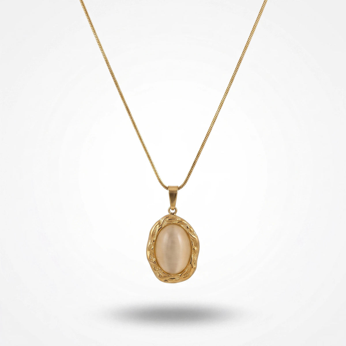 QIAOREN 13801 Thin Snake Chain Pendant Necklace with Irregular Bezel Frame Oval Cat Eye Stone Charm