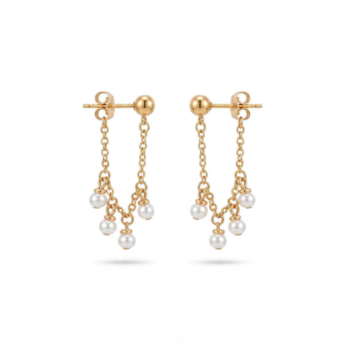 QIAOREN 11872 Trendy Multi-Pearl Cluster Chain Dangle Earrings Stainless Steel 18K Gold Plated Dainty Fringe Jewelry for Women