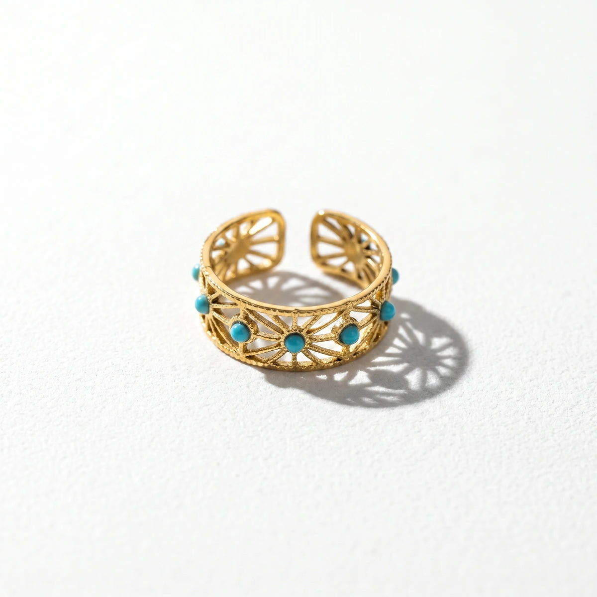 QIAOREN 13155-60 5Pcs Gold Turquoise Open Ring Set Boho Hollow Adjustable Stackable Stainless Steel Jewelry for Women