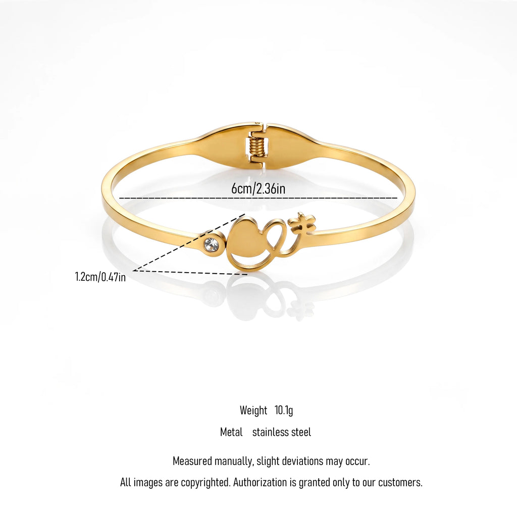 QIAOREN 13660 Spring Thin Wire Cuff Bangle with Hollow Intertwined Heart & Tiny Star Charms, Single Side Round Zircon