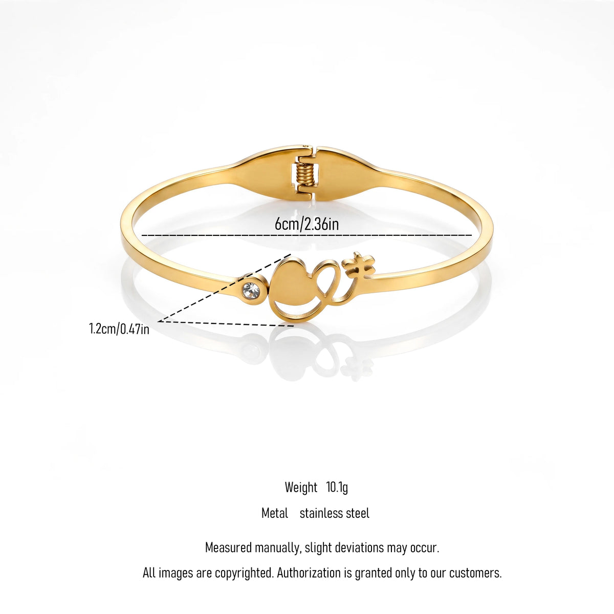 QIAOREN 13660 Spring Thin Wire Cuff Bangle with Hollow Intertwined Heart & Tiny Star Charms, Single Side Round Zircon