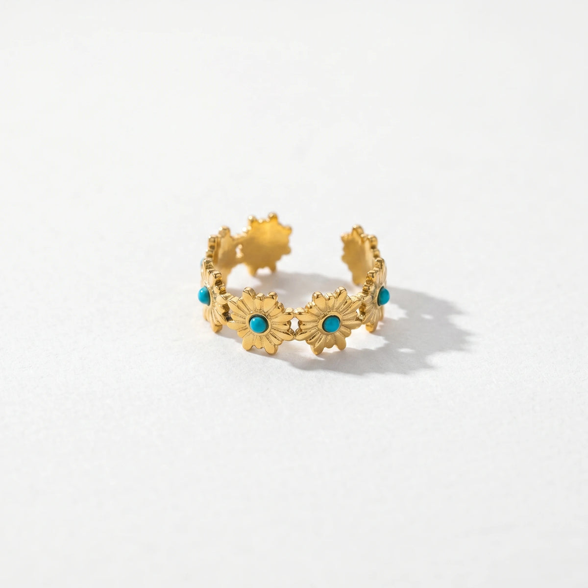 QIAOREN 13166-70 5Pcs Gold Stainless Steel Turquoise Open Ring Set Irregular Hammered Crown Adjustable Boho Stackable Rings