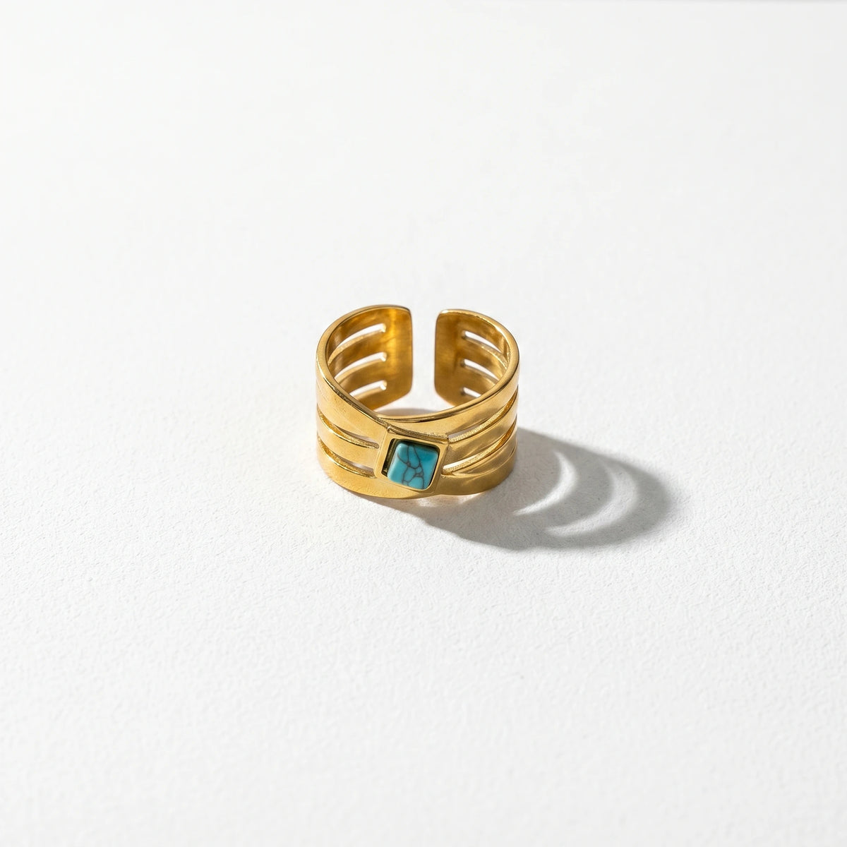 QIAOREN 13151-55 5Pcs Gold Stainless Steel Turquoise Open Ring Set Geometric Stackable Adjustable Boho Waterproof Jewelry