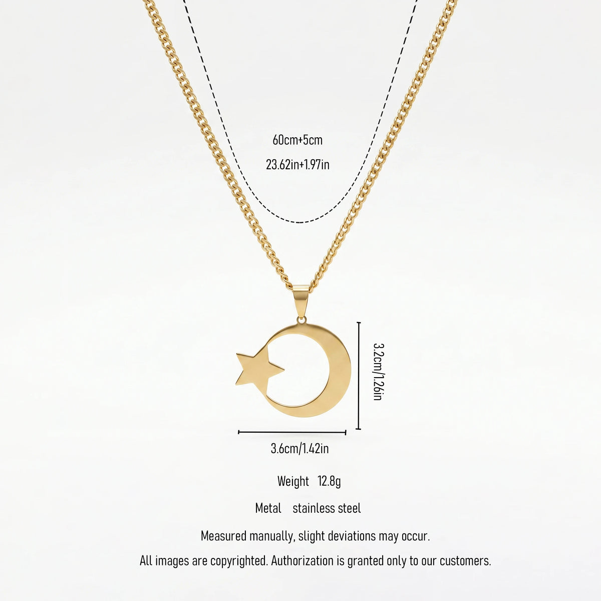 QIAOREN 11955  Stainless Steel Crescent Moon Star Pendant Necklace  Waterproof Cuban Link Chain