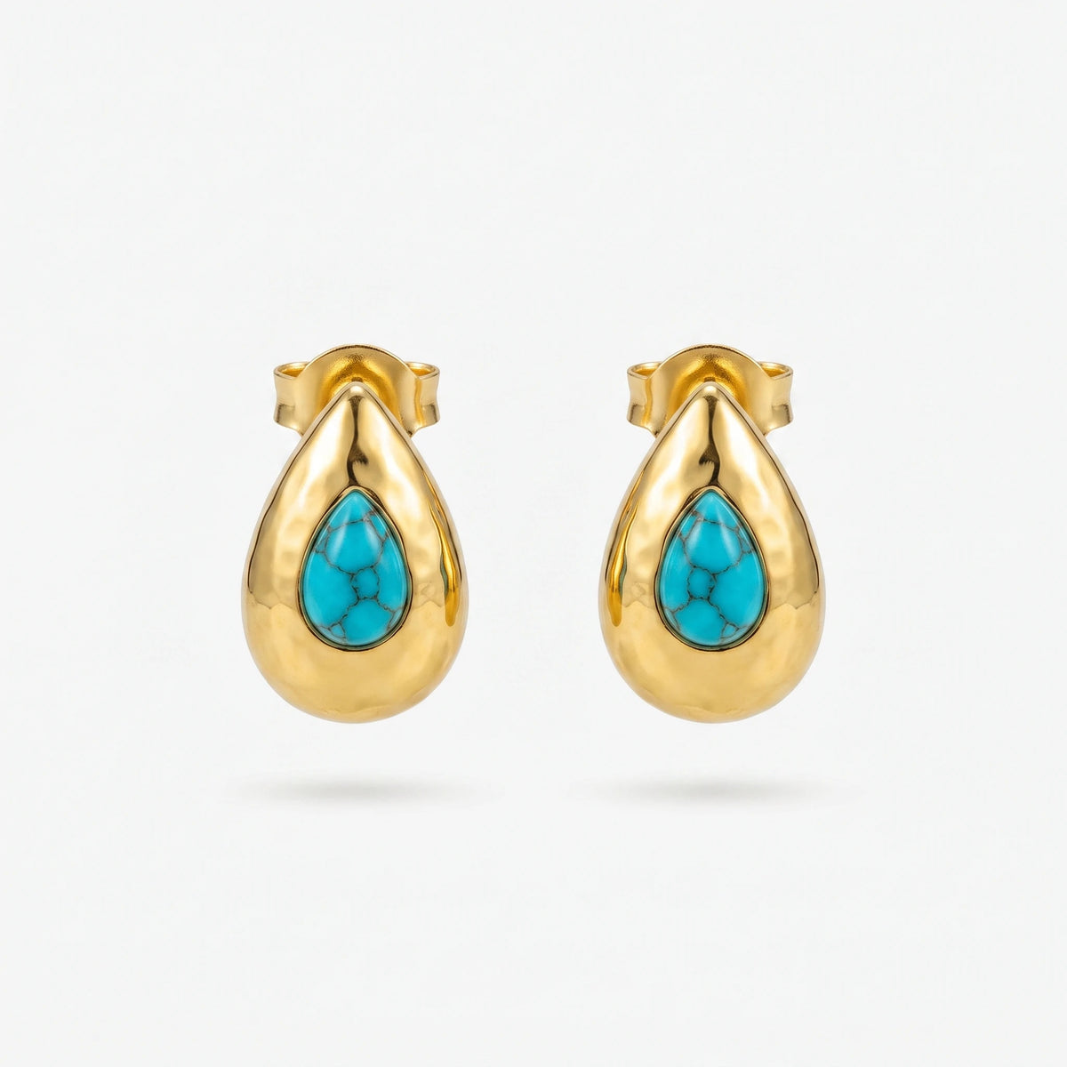 QIAOREN 13276 Gold Tone Hammered Teardrop Stud Earrings Inlaid Natural Turquoise Stone Water Drop Shape Clip Back Studs Bohemian