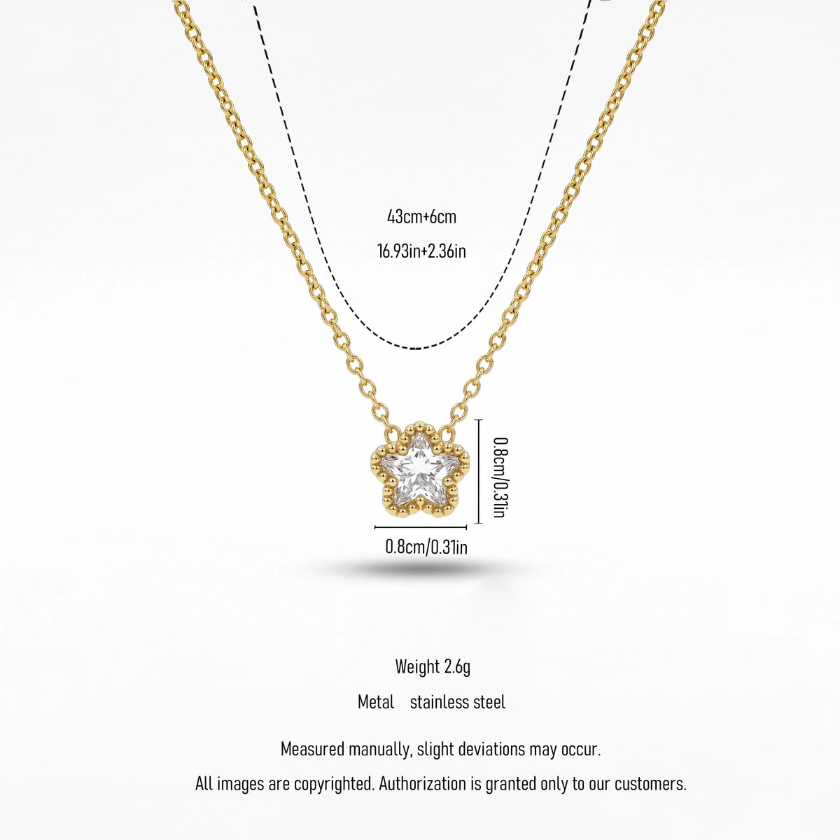 QIAOREN 13542 Dainty Single Star Zircon Pendant Necklace with Beaded Border Frame, Thin Gold Cable Chain