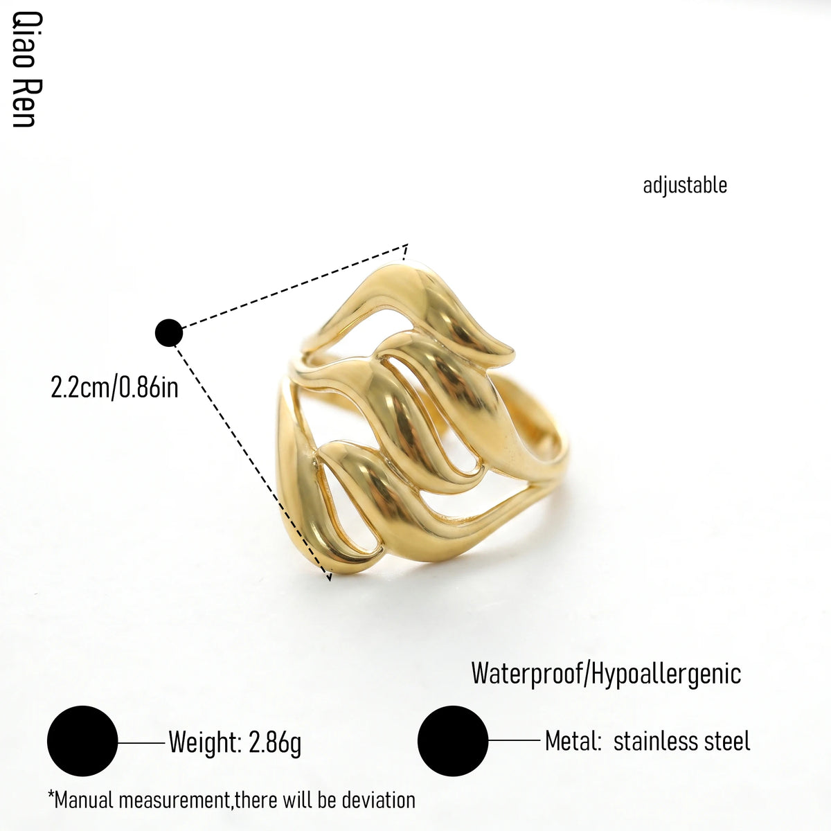 QIAOREN 14304-13 Women's Stainless Steel Vintage Bird -Face Bow Open Cuff Ring Set Adjustable Stackable 18K Gold Plated