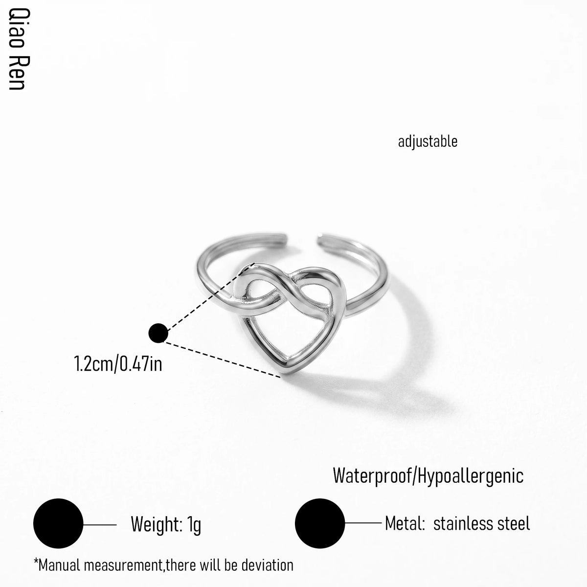 QIAOREN 14149-57 Heart Theme Stackable Open Ring Set, Multi Styles Love Shape Adjustable Ring Jewelry Gift for Daily Outfits