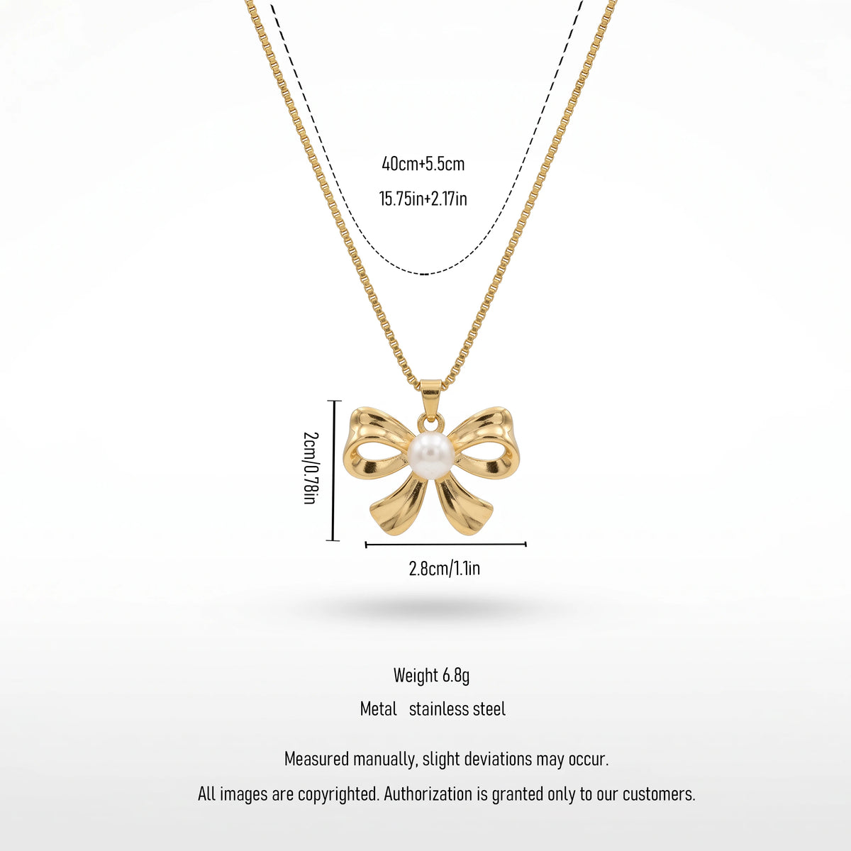 QIAOREN 13938 Thin Box Snake Chain Pendant Necklace with Polished Bow Knot Charm & Center Smooth White Pearl Inlay