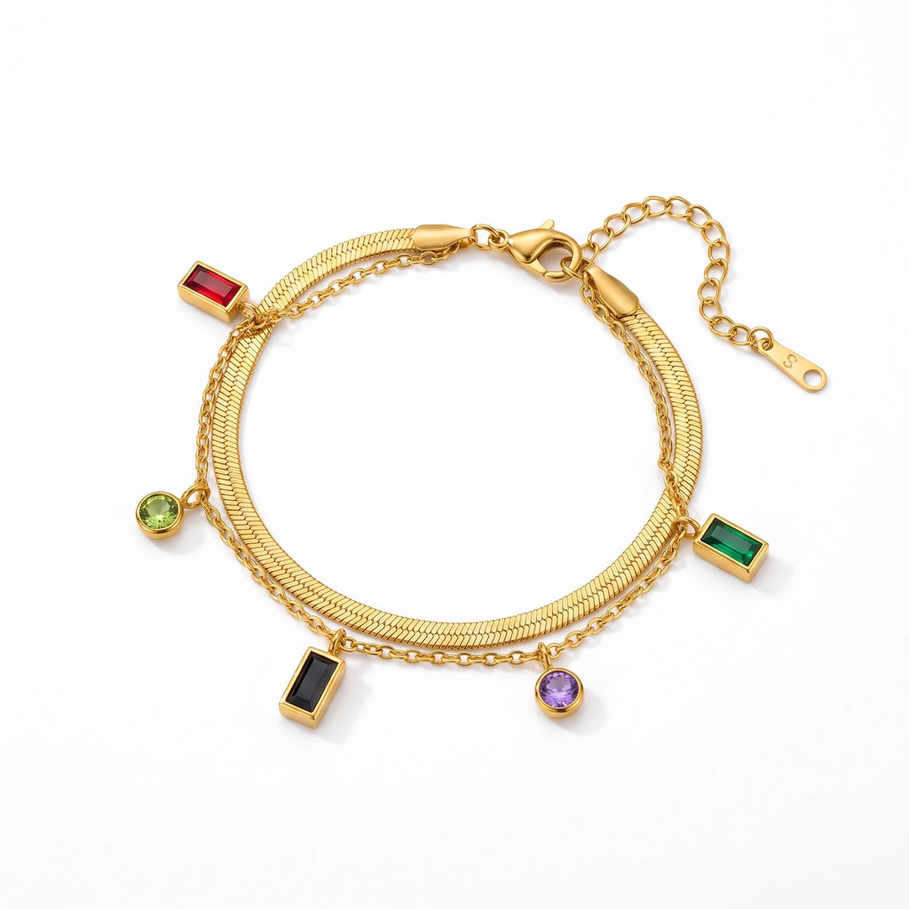 QIAOREN 13772 Double Layer Flat Herringbone Snake Bracelet with Multi Color Rectangle & Round Cut CZ Charms, Peridot Zircon