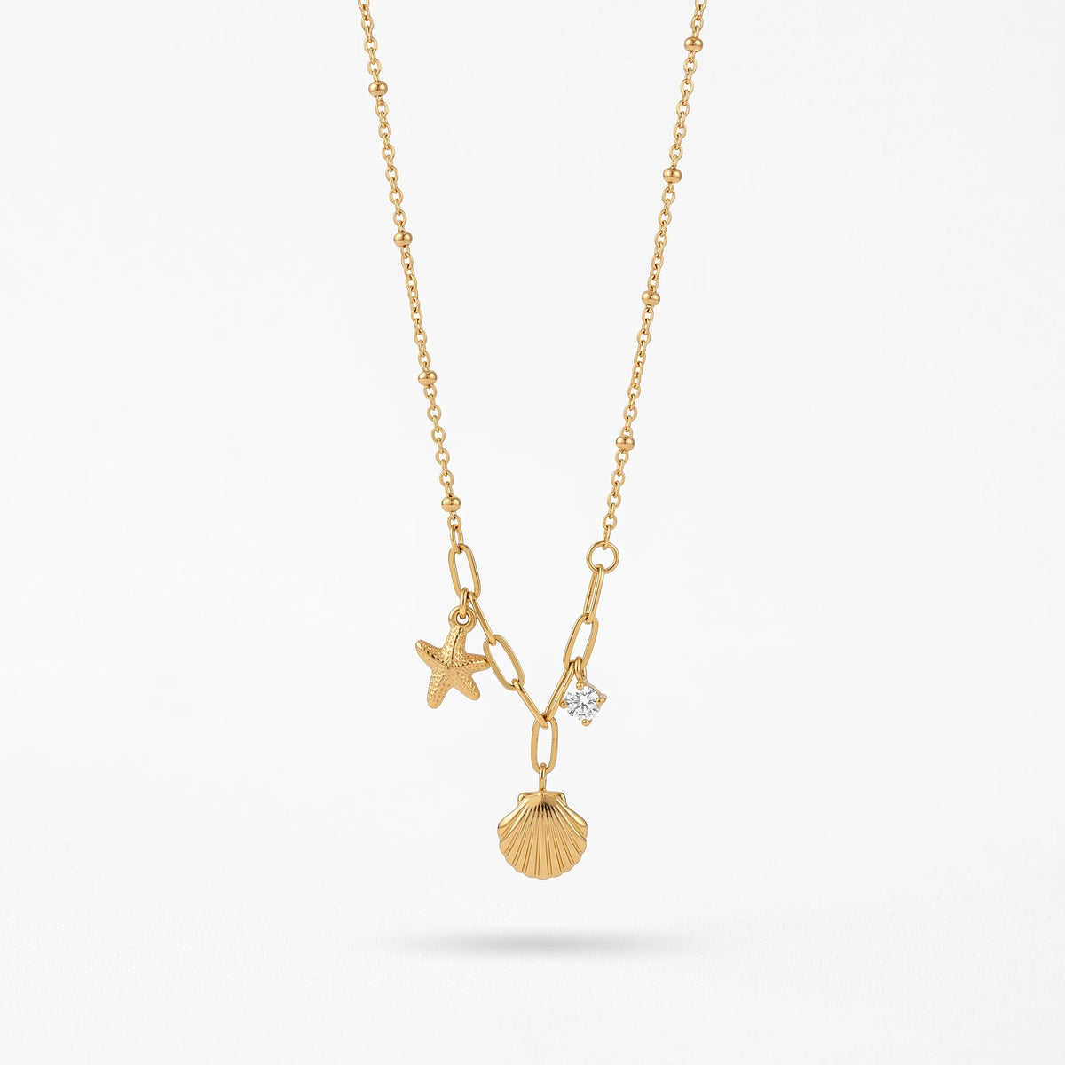 QIAOREN 13549 Stainless Steel Starfish Seashell Charm Necklace Gold Coastal Beach Pendant Paperclip Chain Jewelry for Women
