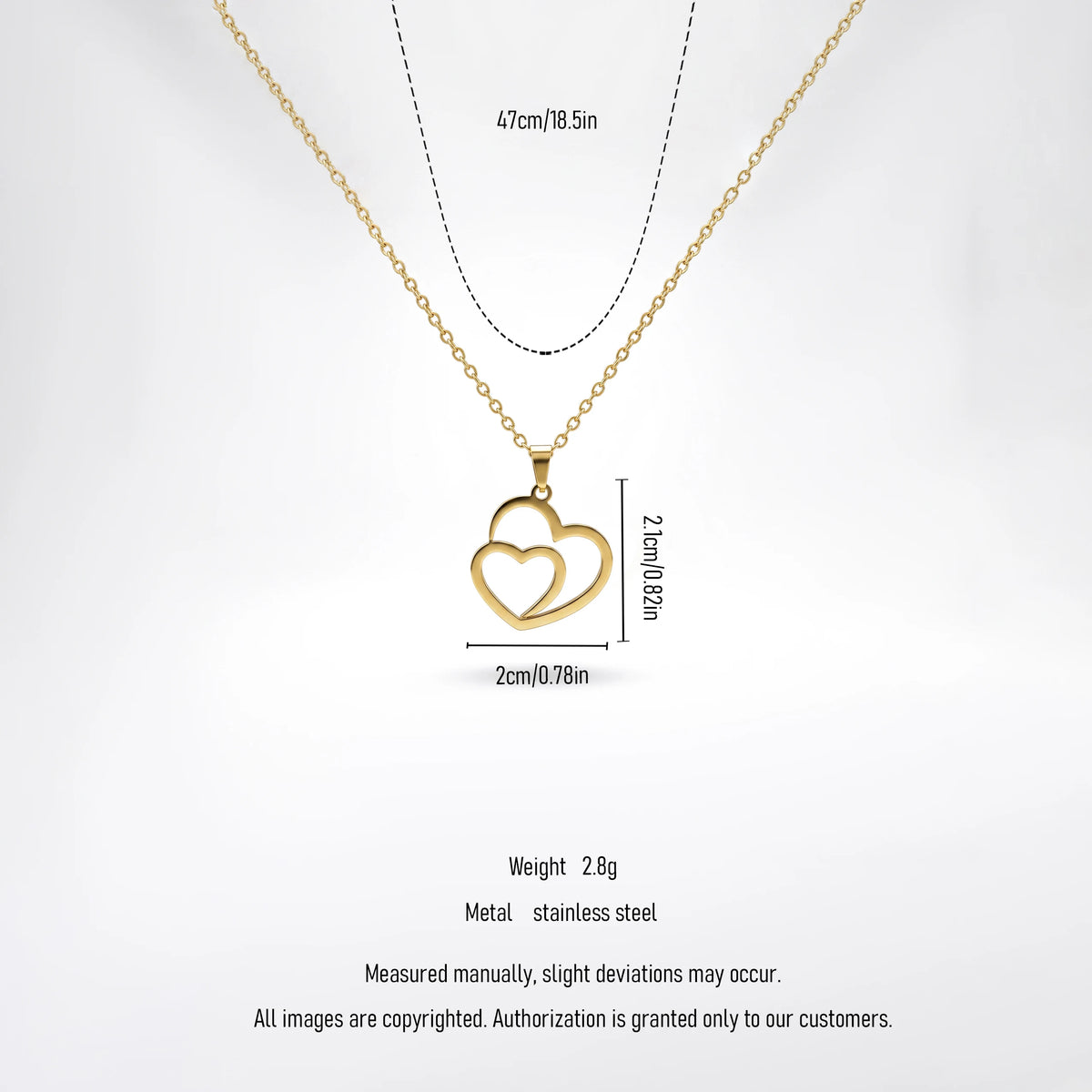 QIAOREN 12876 18K Gold Plated Double Heart Necklace, Waterproof Tarnish Free Stainless Steel Minimalist Interlocking Jewelry