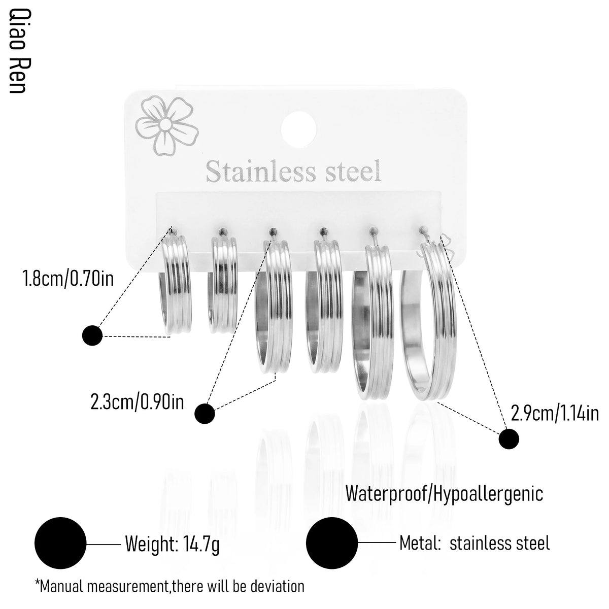 QIAOREN 14593 3 Pairs Vertical Grooved C Shape Hoop Stud Earring Set, Graduated Size Hypoallergenic Daily Wear Jewelry Gift Set