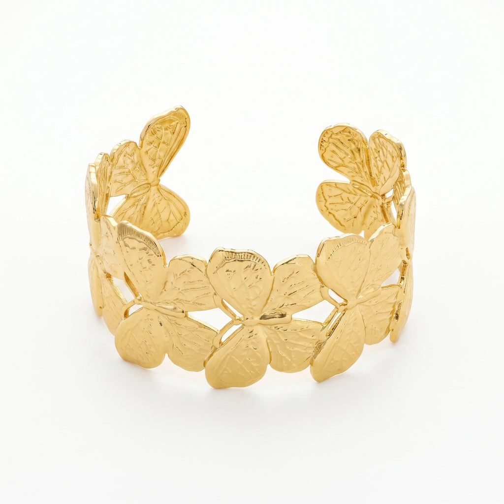 QIAOREN 12726 Vintage Interconnected Sculpted Butterfly Wide Cuff Bangle  Stainless Steel Gold Bracelet Bridal Birthday Gift