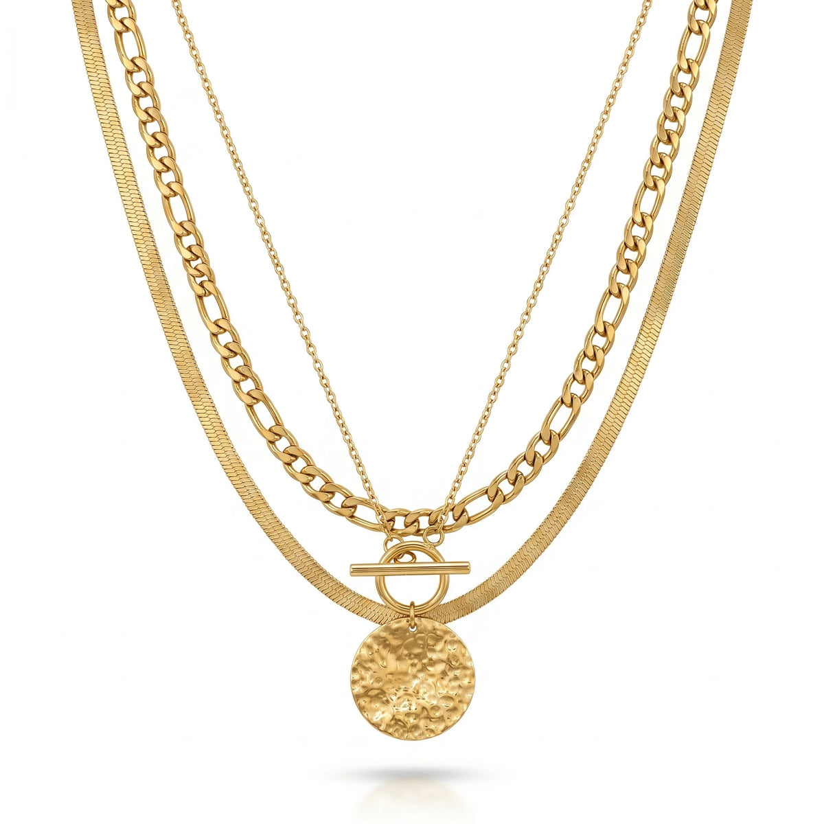 QIAOREN 11595 Tarnish Free 18K Gold Stainless Steel Layered Necklace Hammered Disc Pendant Toggle Clasp Figaro Snake Chain