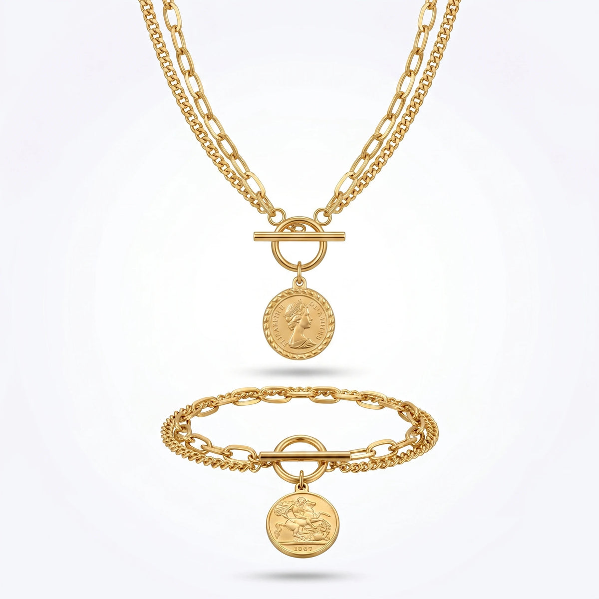 QIAOREN 10814 18K Gold Plated Stainless Steel Bezel Setting Vintage Coin Pendant Necklace Bracelet Set Dainty Toggle Jewelry