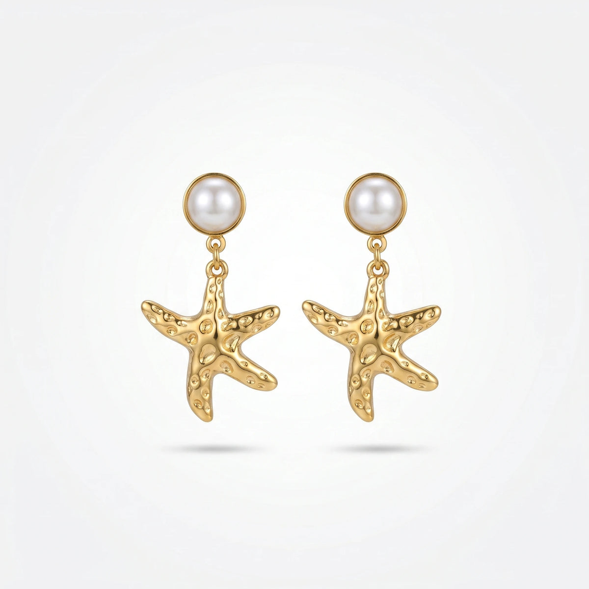 QIAOREN 13216 Gold Plated Pearl Starfish Drop Earrings for Women Stainless Steel Beach Coastal Fashion Jewelry