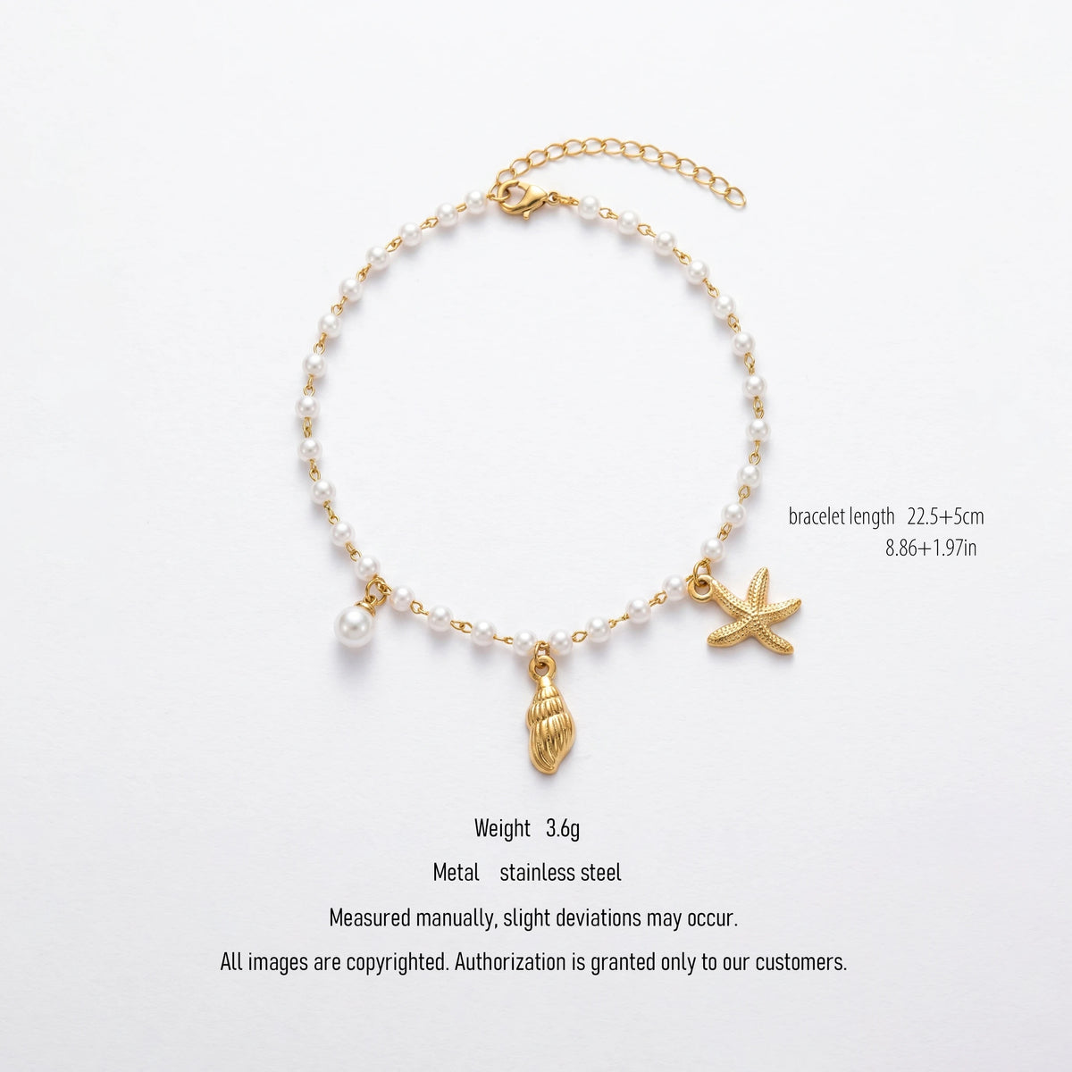 QIAOREN 10588 Starfish Seashell Pearl Trendy Party Anklet 18K Gold Plated Stainless Steel Waterproof Beach Jewelry for Women
