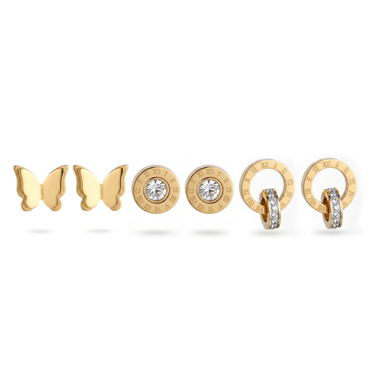 QIAOREN 14446 3 Pairs Gold Tone Stainless Steel Ear Studs Butterfly & Roman Numeral CZ Stud Earrings Set Jewelry Gift