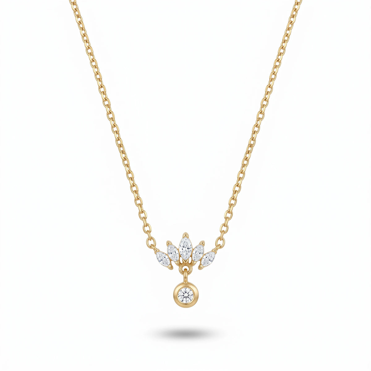 QIAOREN 13762 Thin Oval Link Chain Pendant Necklace with Marquise Cut Zircon Fan Shape Cluster Charm Hanging Round Solitaire CZ