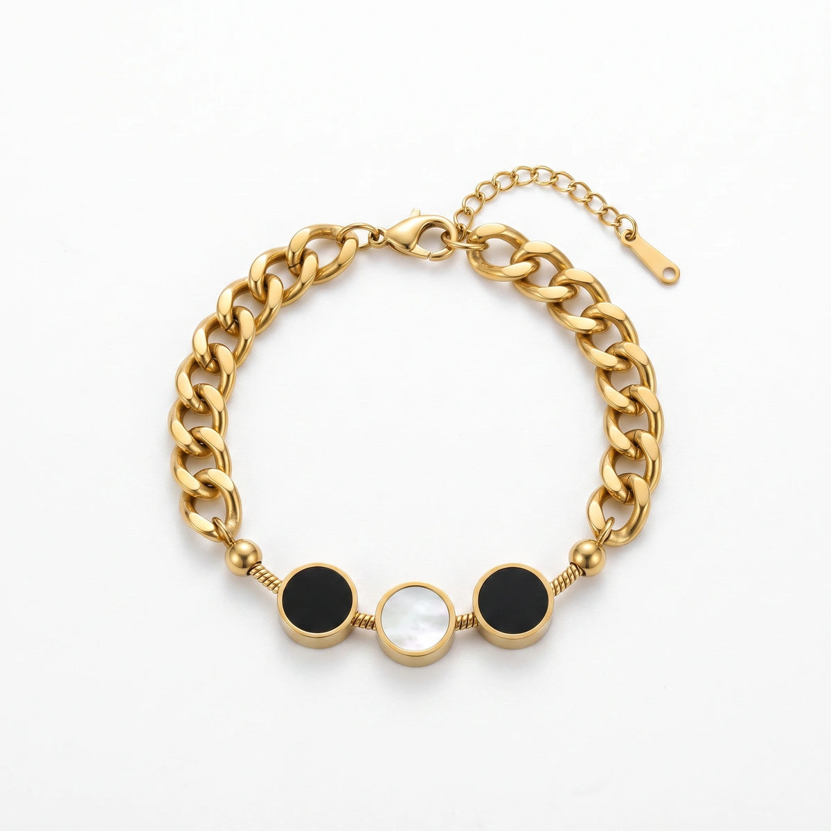 QIAOREN 13764 Thick Cuban Curb Chain Bracelet with Three Round Inlaid Charms,  Extender Lobster Clasp