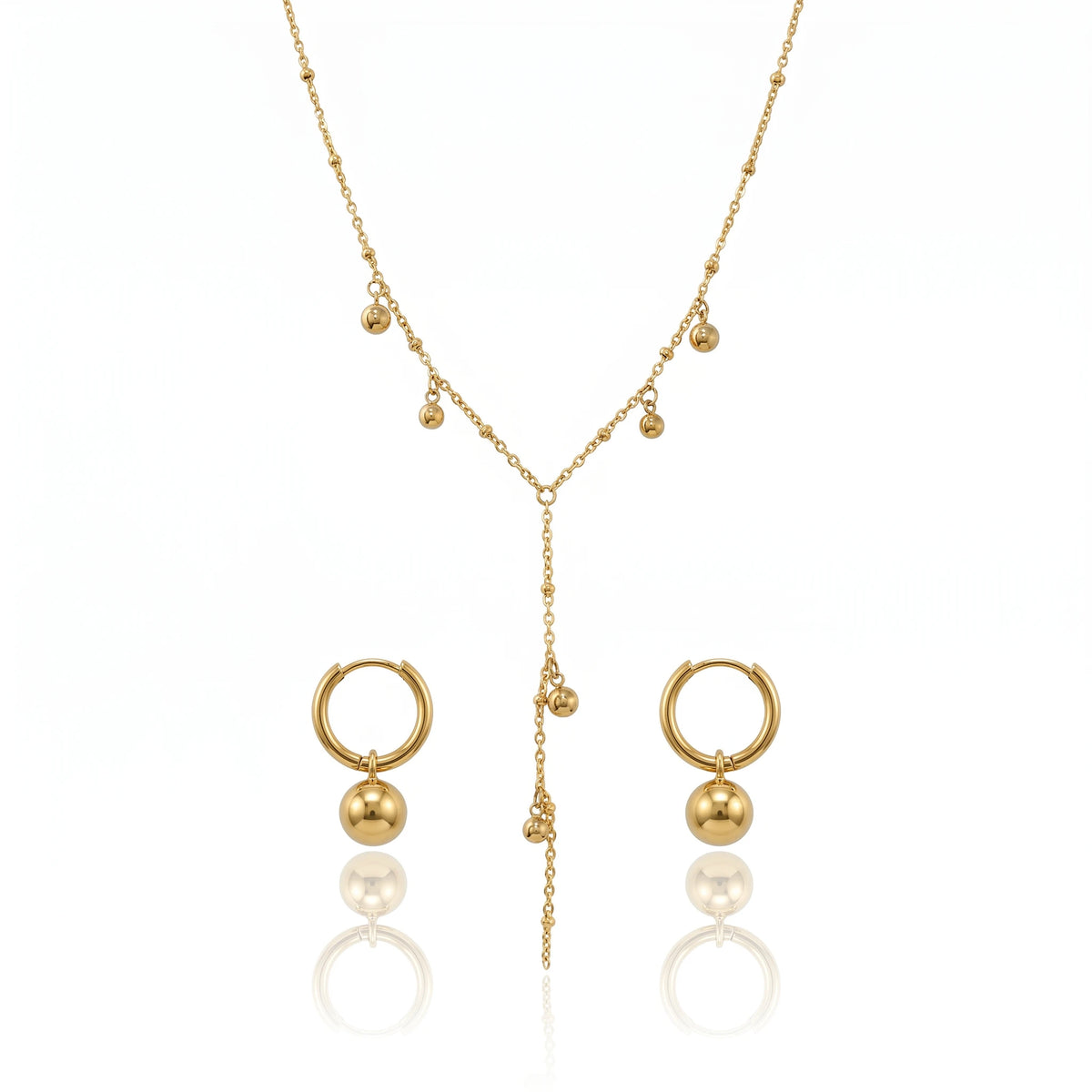 QIAOREN 11692 Tarnish Free 18K Gold Stainless Steel Ball Charm Jewelry Set Y Lariat Necklace & Hoop Earrings
