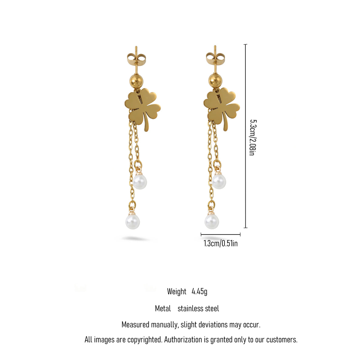 QIAOREN11784 18K Gold Plated Stainless Steel Four Leaf Clover Earrings with Double Pearl Tassel Drop