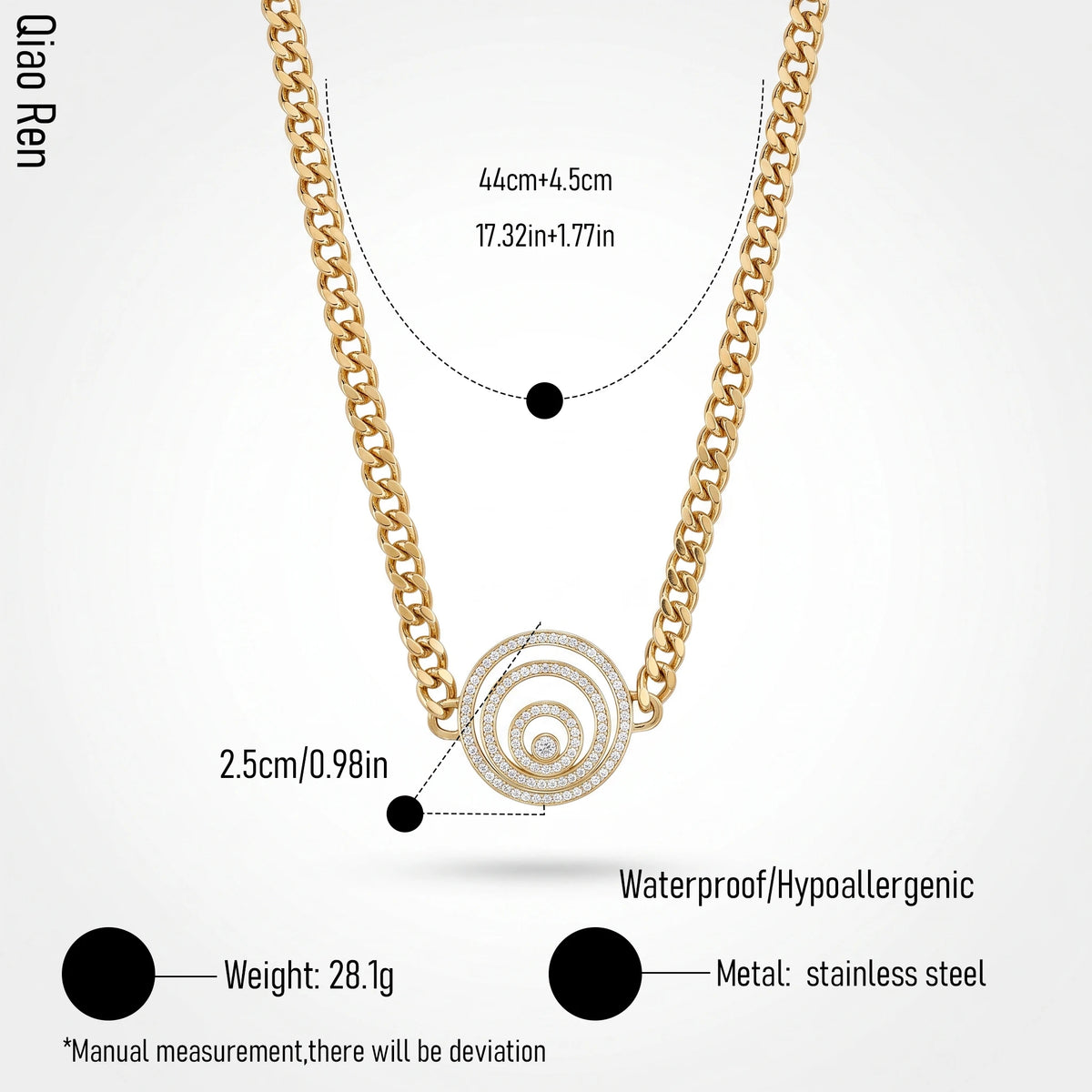 QIAOREN 14418 Paved CZ Concentric Circle Pendant Curb Chain Necklace, Stainless Steel Necklace Jewelry Gift