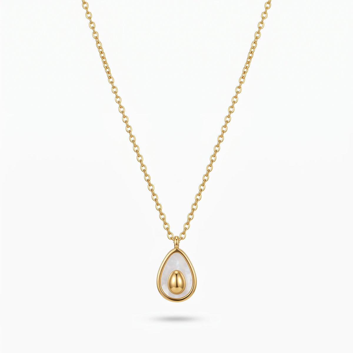 QIAOREN 13536 Dainty Teardrop White Shell Inlay Pendant Necklace with Solid Oval Gold Center Charm, Thin Cable Chain Necklace