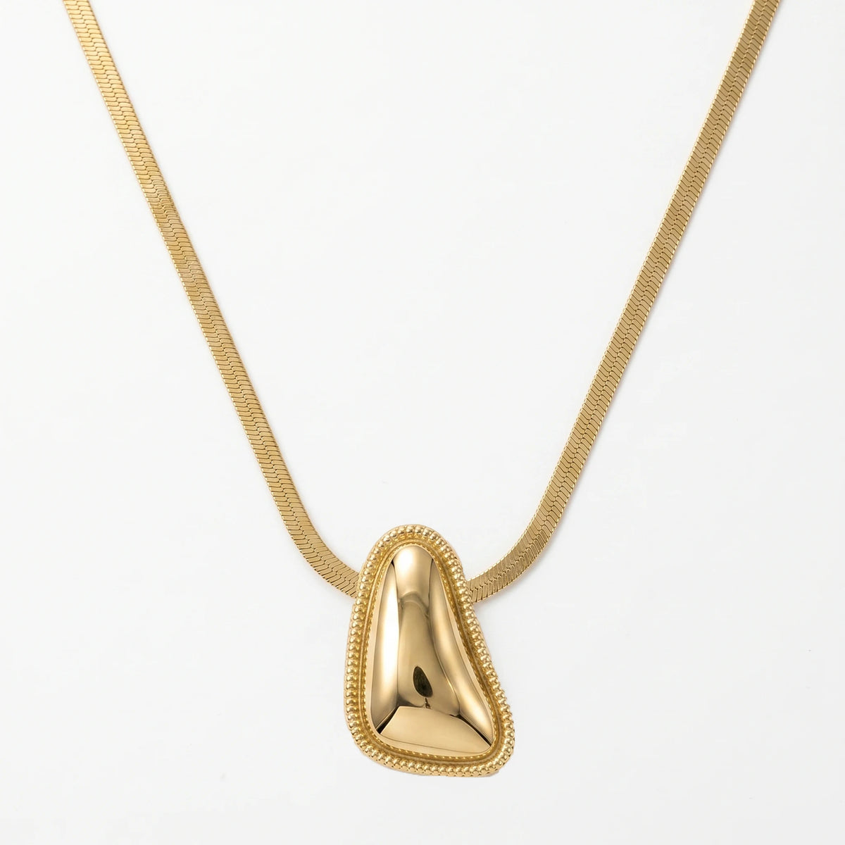 QIAOREN 11835 Stainless Steel Gold Herringbone Chain Necklace Irregular Teardrop Pendant Adjustable Women Jewelry