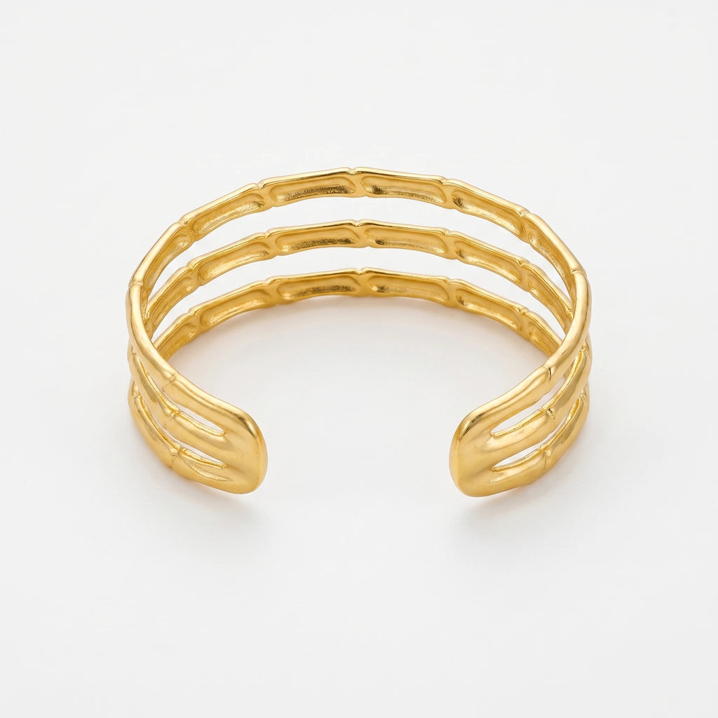 QIAOREN12704Oriental Triple Bamboo Segmented Wide Bangle Hypoallergenic Stainless Steel Gold Bracelet Birthday Good Fortune Gift