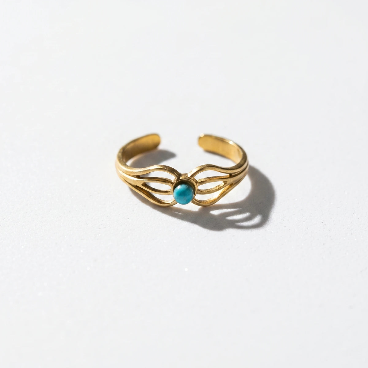 QIAOREN 18K Gold Stainless Steel Turquoise Open Ring Set, Waterproof Vintage Adjustable Boho Stackable Rings