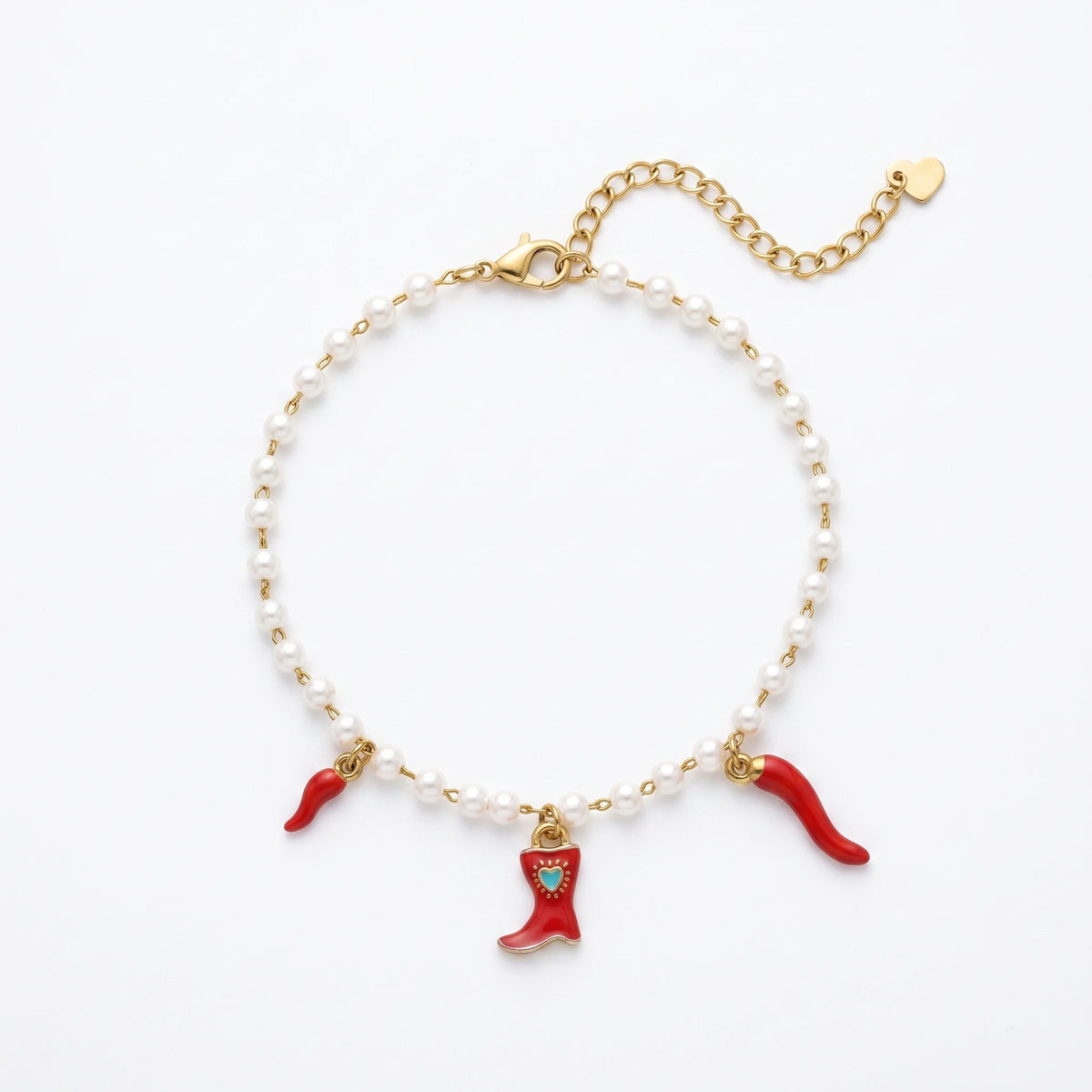 QIAOREN 13329 Western Pearl Anklet with Red Chili & Cowboy Boot Charms, Retro Country Foot Jewelry Gift for Trendy Daily Outfits