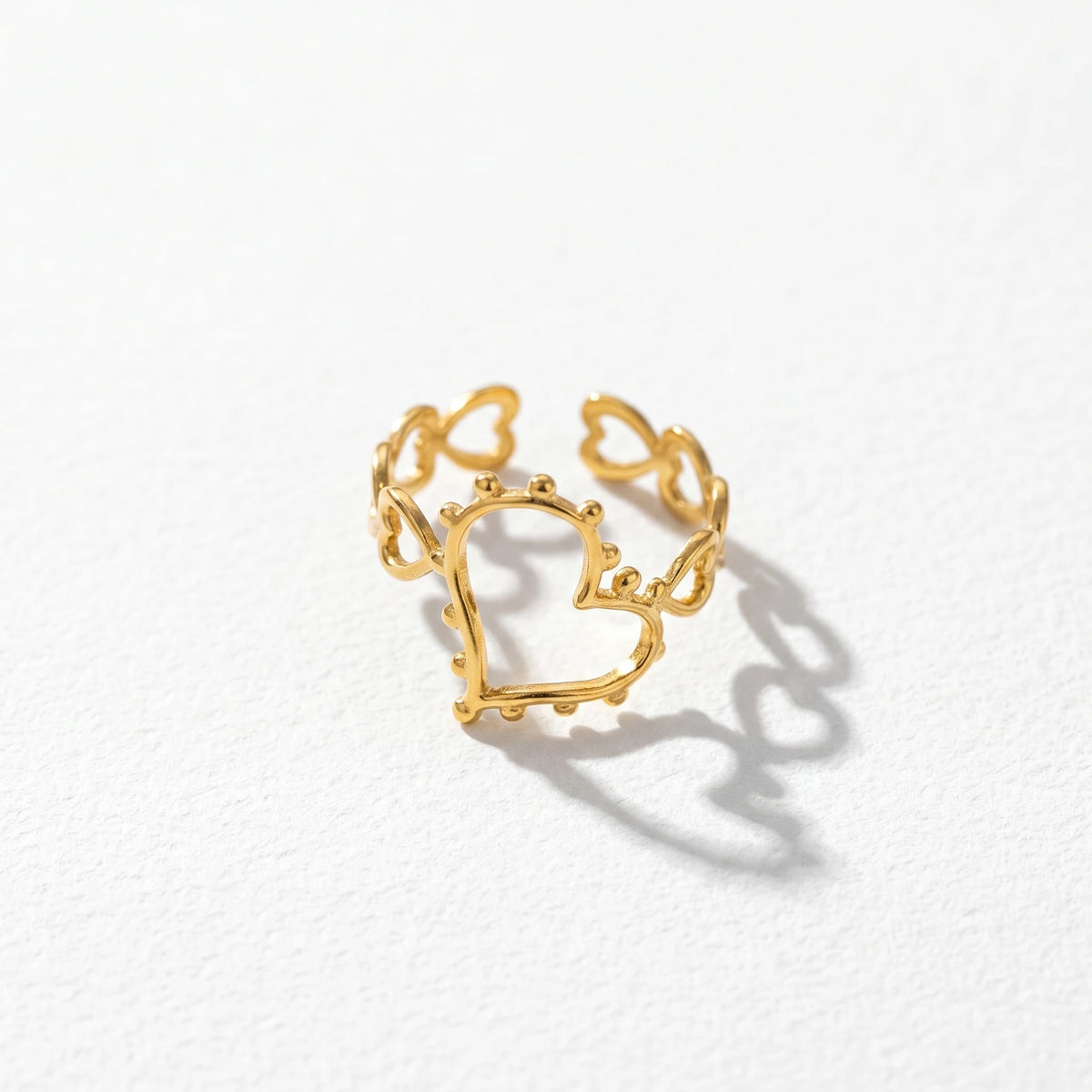 QIAOREN 13066-70 5Pcs 18K Gold Plated Stainless Steel Heart Open Ring Set, Adjustable Stackable Hollow Love Finger Rings