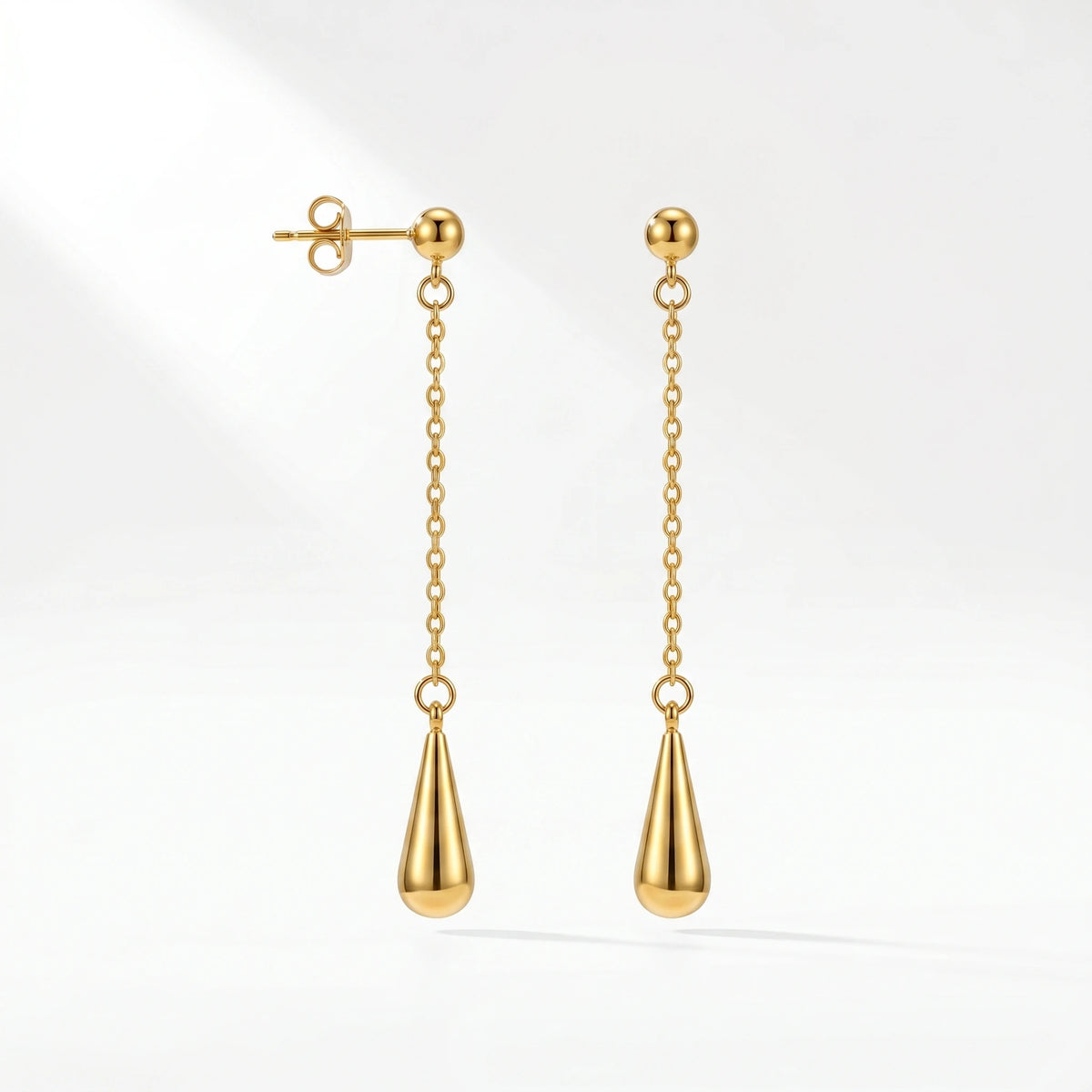 QIAOREN 10633 Minimalist Teardrop Stud Earrings Stainless Steel Gold Plated Long Chain for Ladies