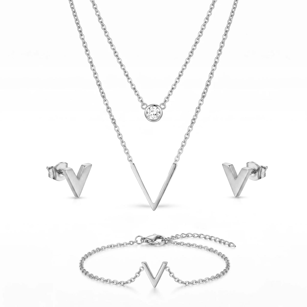 QIAOREN 11519 18K Gold Plated V-Shaped Jewelry Set Necklace Earrings Bracelet Stainless Steel Tarnish Free