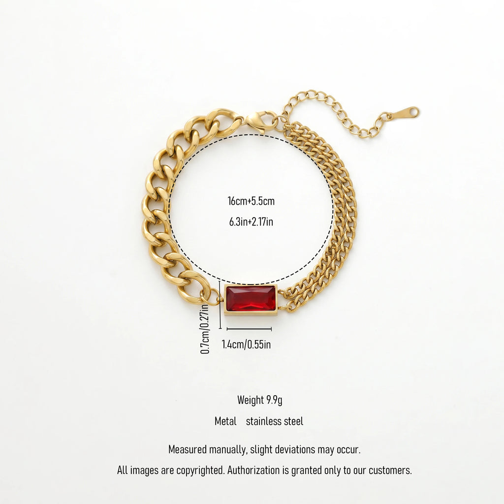 QIAOREN 13358 Gold Plated Stainless Steel Cuban Link Bracelet Red Crystal Chunky Chain Statement Jewelry for Women