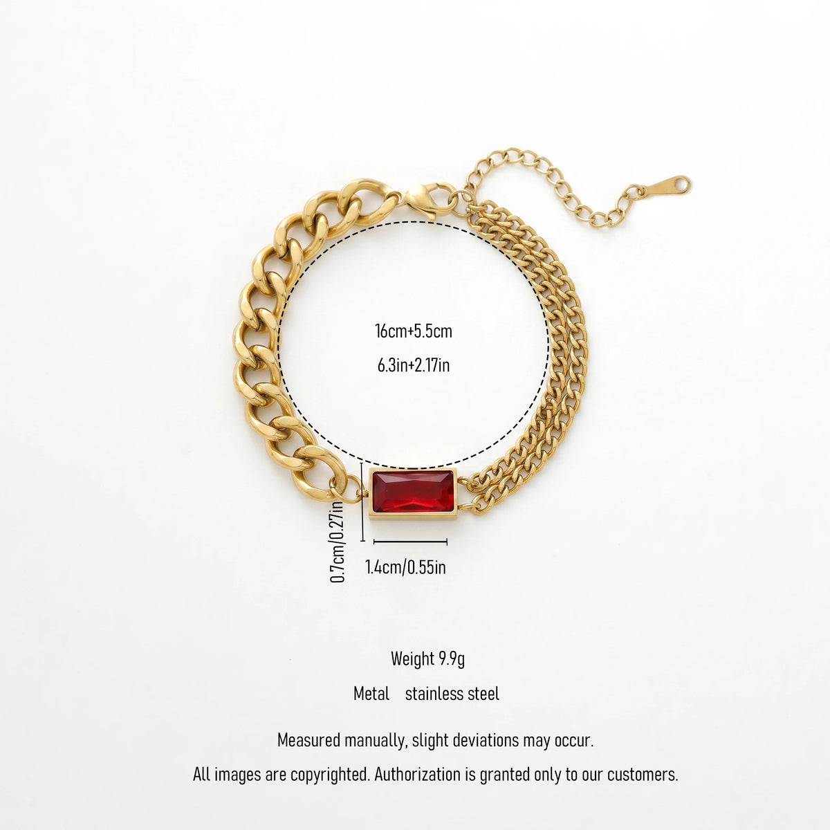 QIAOREN 13358 Gold Plated Stainless Steel Cuban Link Bracelet Red Crystal Chunky Chain Statement Jewelry for Women