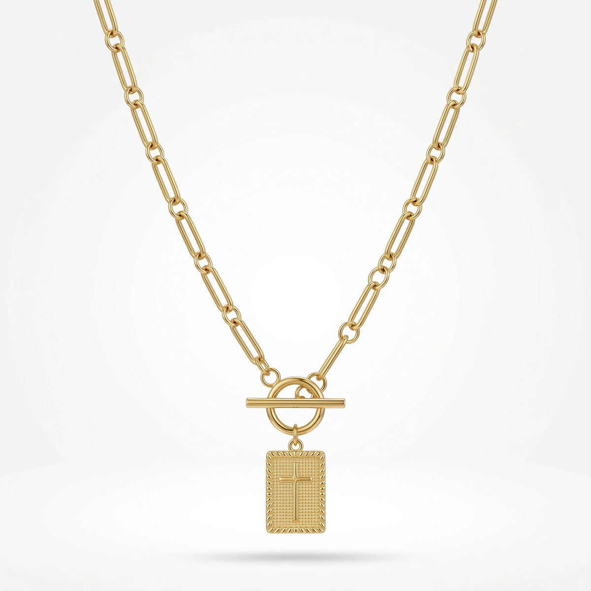 QIAOREN 11819 Waterproof Toggle Clasp Cross Pendant Necklace 18K Stainless Steel Paperclip Chain Durable All-Day Wear Jewelry