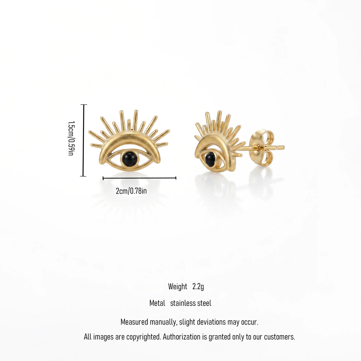 QIAOREN 14033 Matte Gold Stud Earrings With Sunburst Spike Detail, Black Round Bead Inlay Protective Symbol Ear Stud
