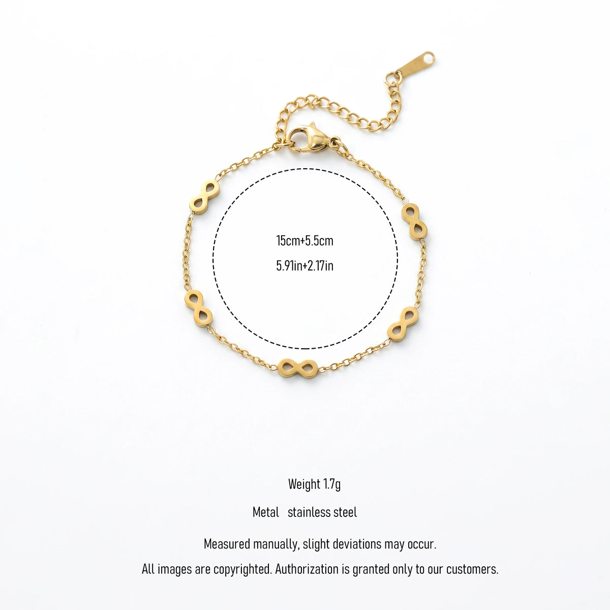 QIAOREN 14009 Cable Chain Adjustable Bracelet with Multiple Hollow Infinity Symbol Charms, Polished Gold Eternal Love