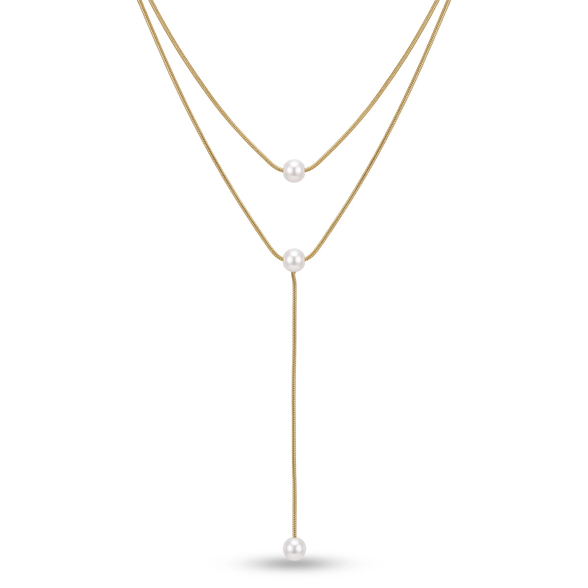 QIAOREN 13507 Double Layer Y Drop Pearl Pendant Necklace with Thin Snake Chain, Three Dangle Round Shell Pearl Charms Necklace