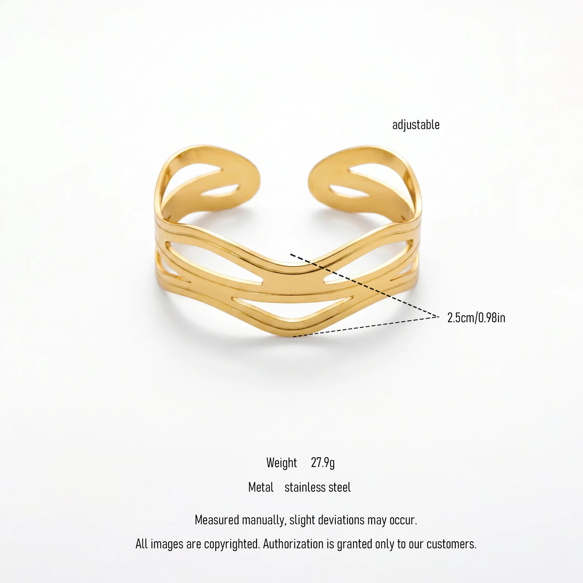 QIAOREN 12665 18K Gold Polished Triple Layer  Bracelet Stainless Steel Abstract Curved Adjustable Stackable Wrist Jewelry Gift