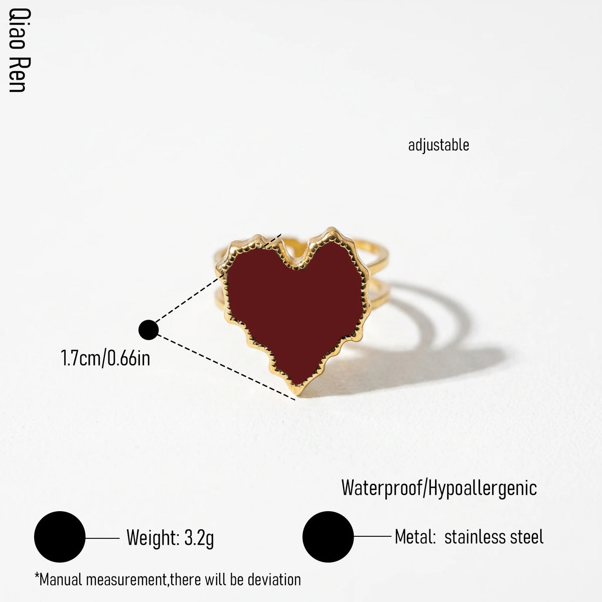QIAOREN 14180-83 Red Enamel Heart & Sun Open Ring Set, Irregular Love Shape Adjustable Stackable Ring Jewelry Gift