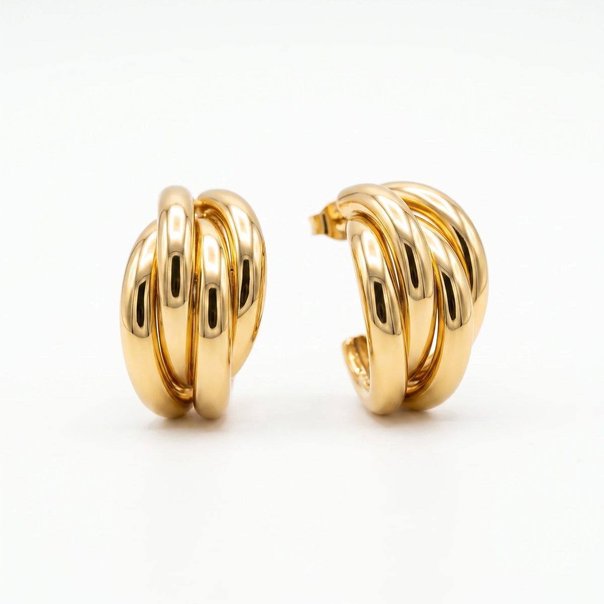 QIAOREN 14542 Multi Band Earrings, Polished Gold Layered Spring Clasp Earrings, Hypoallergenic Jewelry Gift