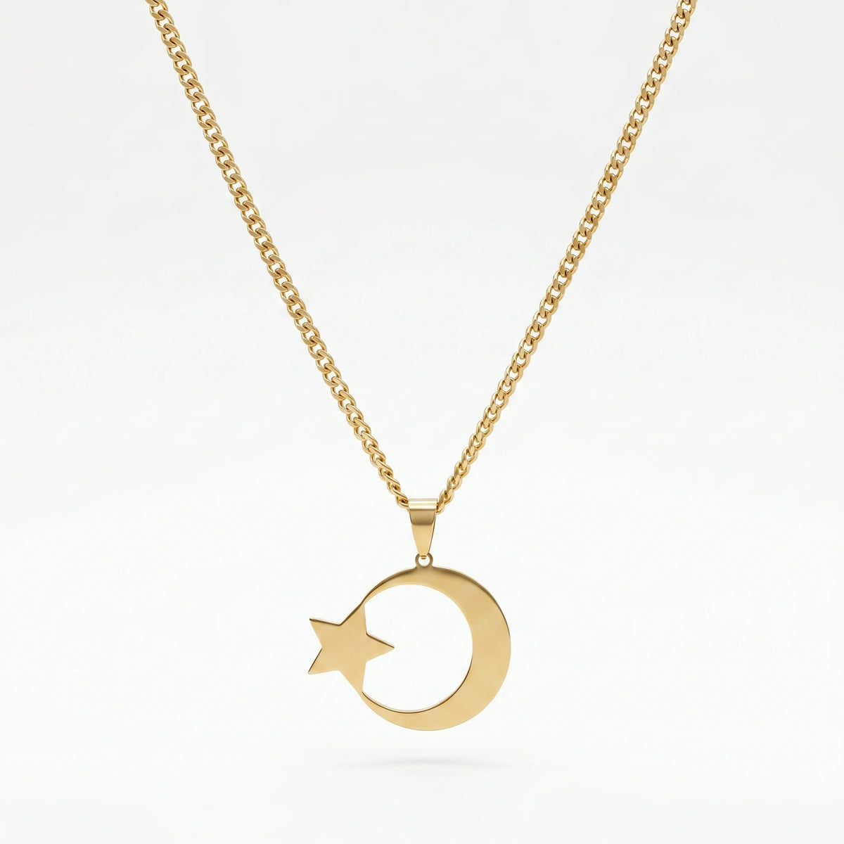 QIAOREN 11955  Stainless Steel Crescent Moon Star Pendant Necklace  Waterproof Cuban Link Chain